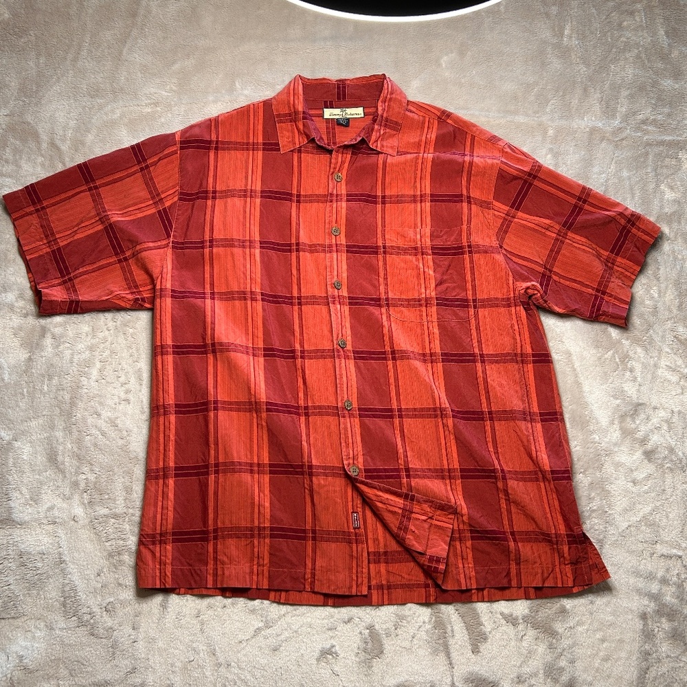 Tommy Bahama Shirt Mens L Red Orange Plaid 100% Silk Short Sleeve Button Up‎